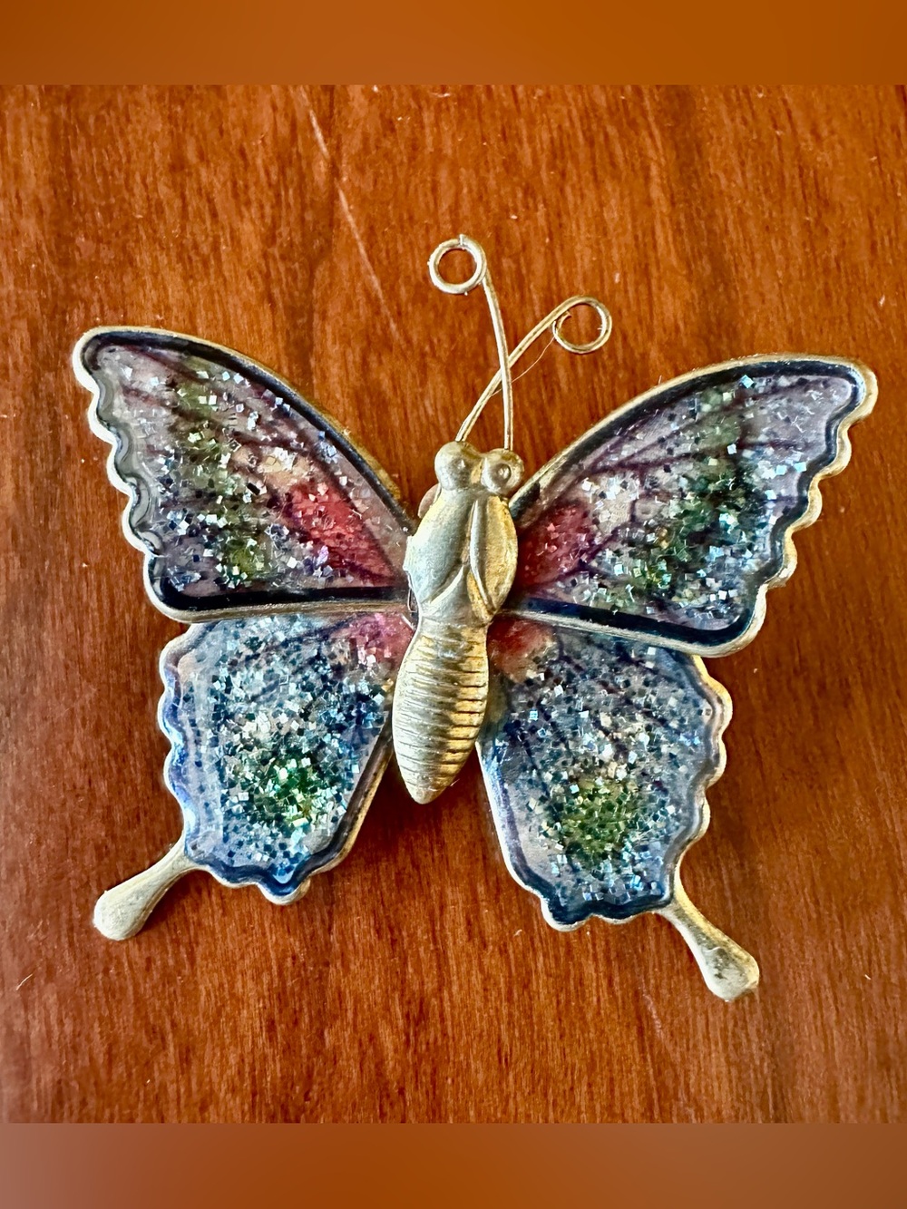 Vintage Butterfly Enamel Glitter Brooch Stamped “Made in Taiwan” Pink Green Blue